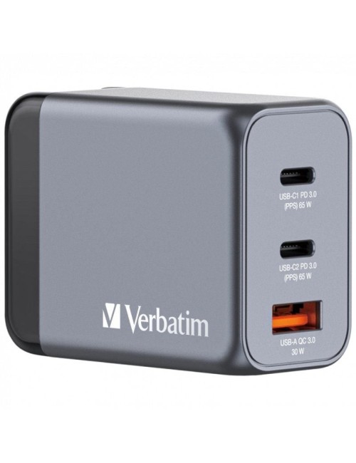 Cargador de Pared Universal GaN para Viaje Verbatim GNC-65/ 2xUSB Tipo-C/ 1xUSB/ 65W