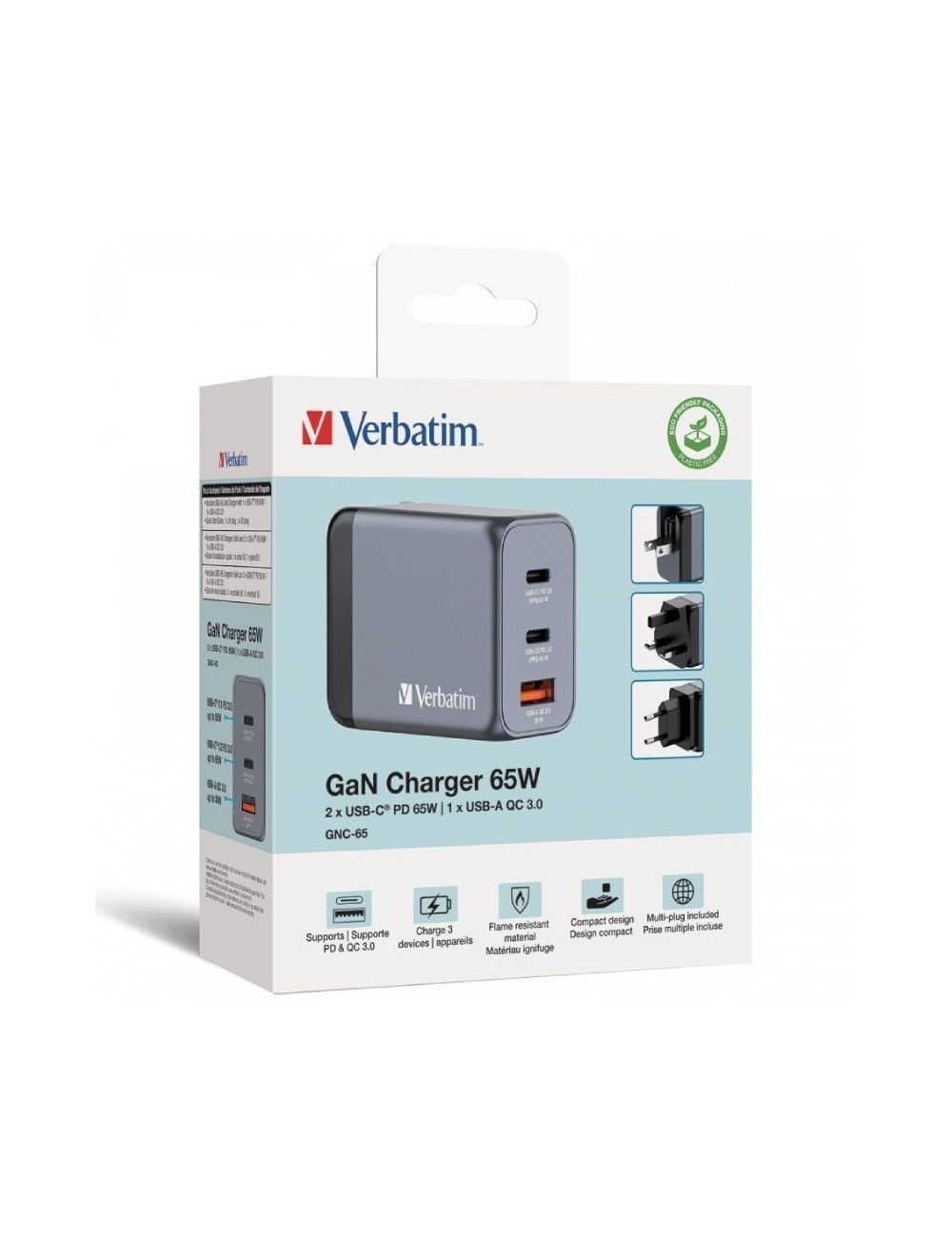 Cargador de Pared Universal GaN para Viaje Verbatim GNC-65/ 2xUSB Tipo-C/ 1xUSB/ 65W