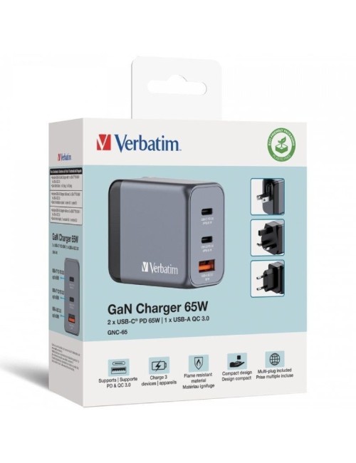 Cargador de Pared Universal GaN para Viaje Verbatim GNC-65/ 2xUSB Tipo-C/ 1xUSB/ 65W