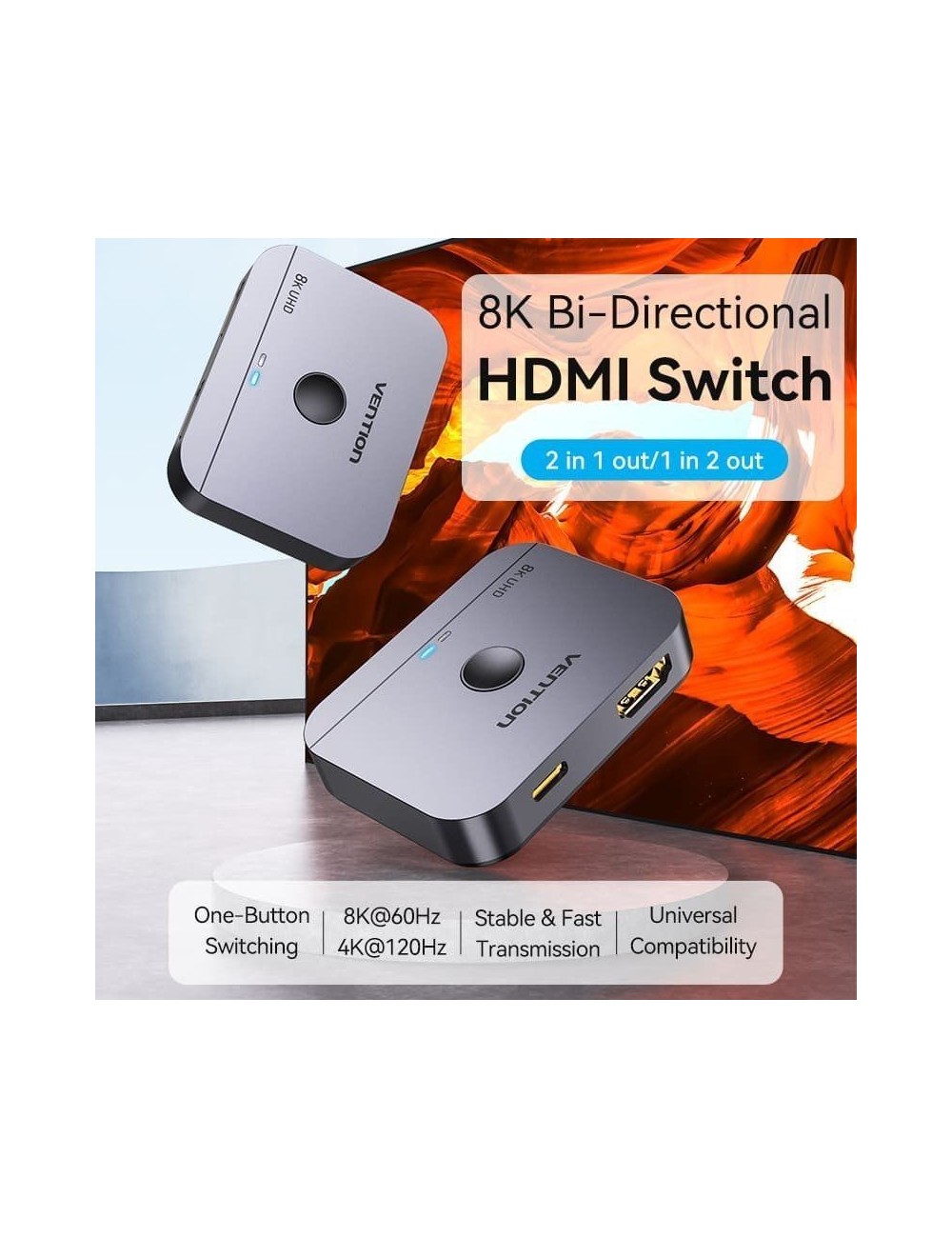 Switch Conmutador 8K HDMI 2.1 Bidireccional Vention AKPH0 HDMI Hembra/USB-C Hembra - 2x HDMI Hembra