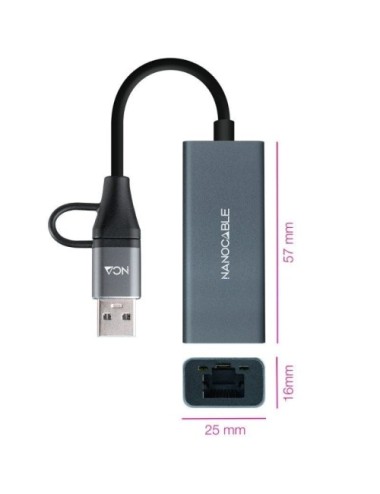 Adaptador USB Macho + USB Tipo-C Macho - RJ45 Nanocable 10.03.0411/ 1000Mbps