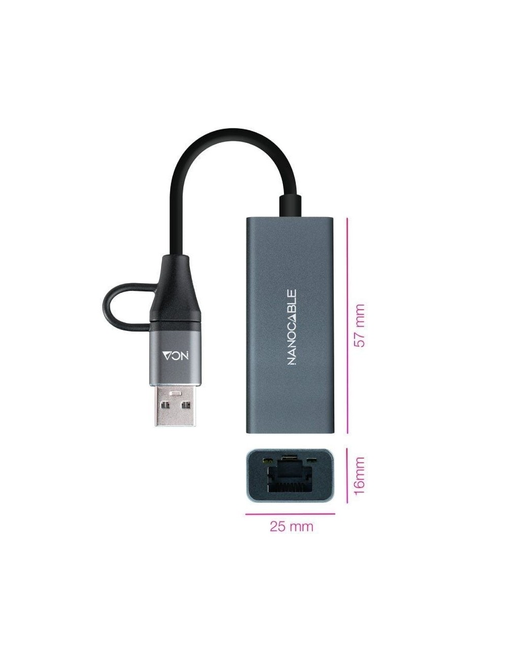 Adaptador USB Macho + USB Tipo-C Macho - RJ45 Nanocable 10.03.0411/ 1000Mbps