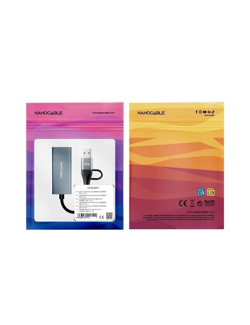 Adaptador USB Macho + USB Tipo-C Macho - RJ45 Nanocable 10.03.0411/ 1000Mbps