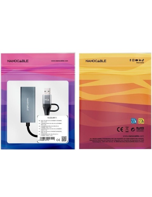 Adaptador USB Macho + USB Tipo-C Macho - RJ45 Nanocable 10.03.0411/ 1000Mbps