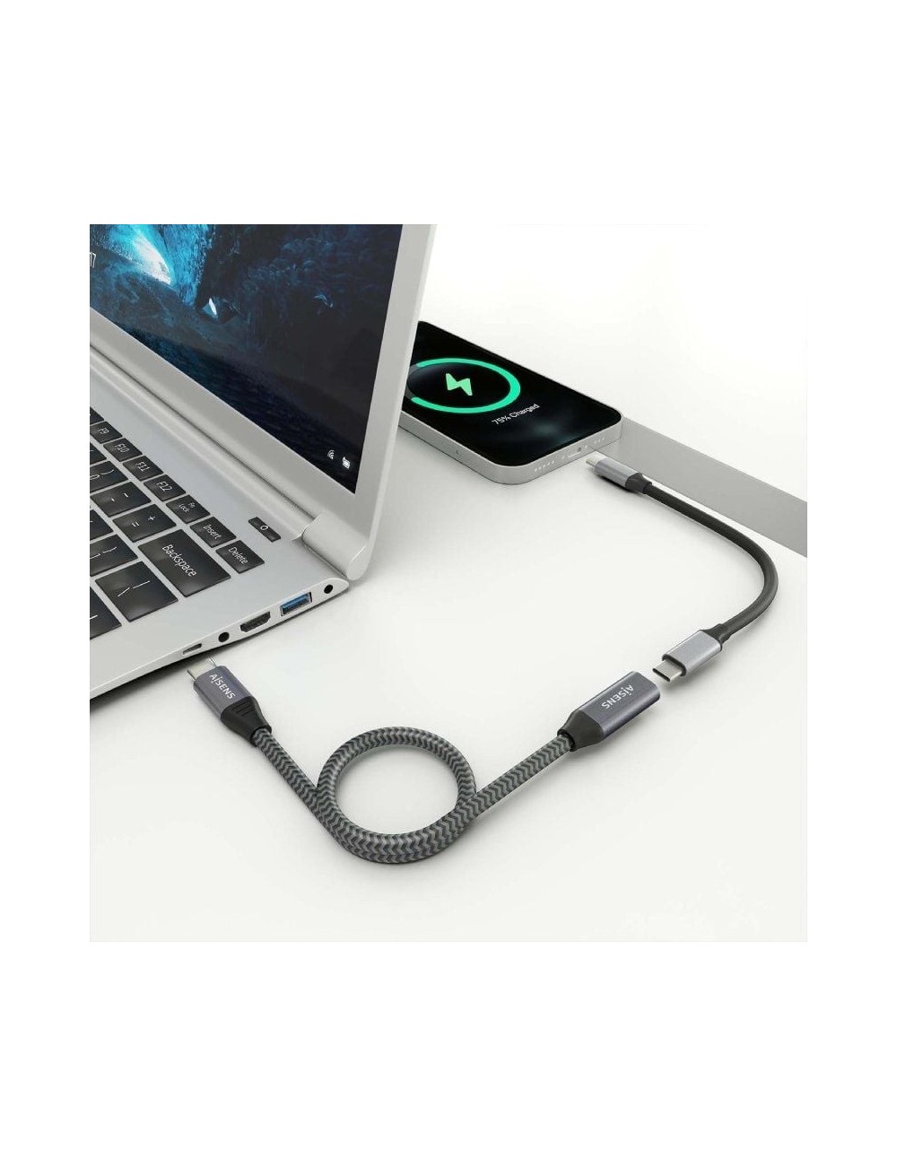 Cable Alargador USB 3.2 Aisens A107-0761/ USB Tipo-C Macho - USB Tipo-C Hembra/ Hasta 100W/ 20Gbps/ 1.5m/ Gris