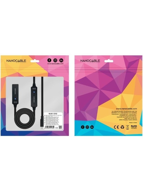 Cable Alargador USB Tipo-C 3.2 con Amplificador Nanocable 10.01.1312/ USB Tipo-C Macho - USB Tipo-C Hembra/ 10m/ Negro