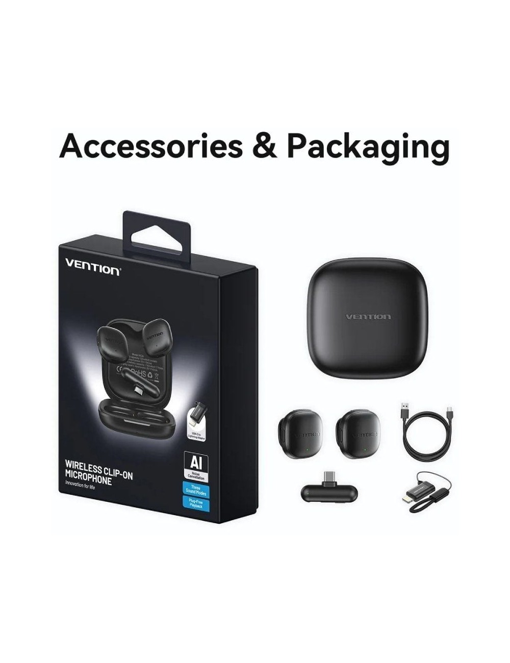 Micrófono Inalámbrico con Clip Vention Lavalier NCDB0/ USB Tipo-C/ Lightning/ Incluye Receptor/ 2 unidades