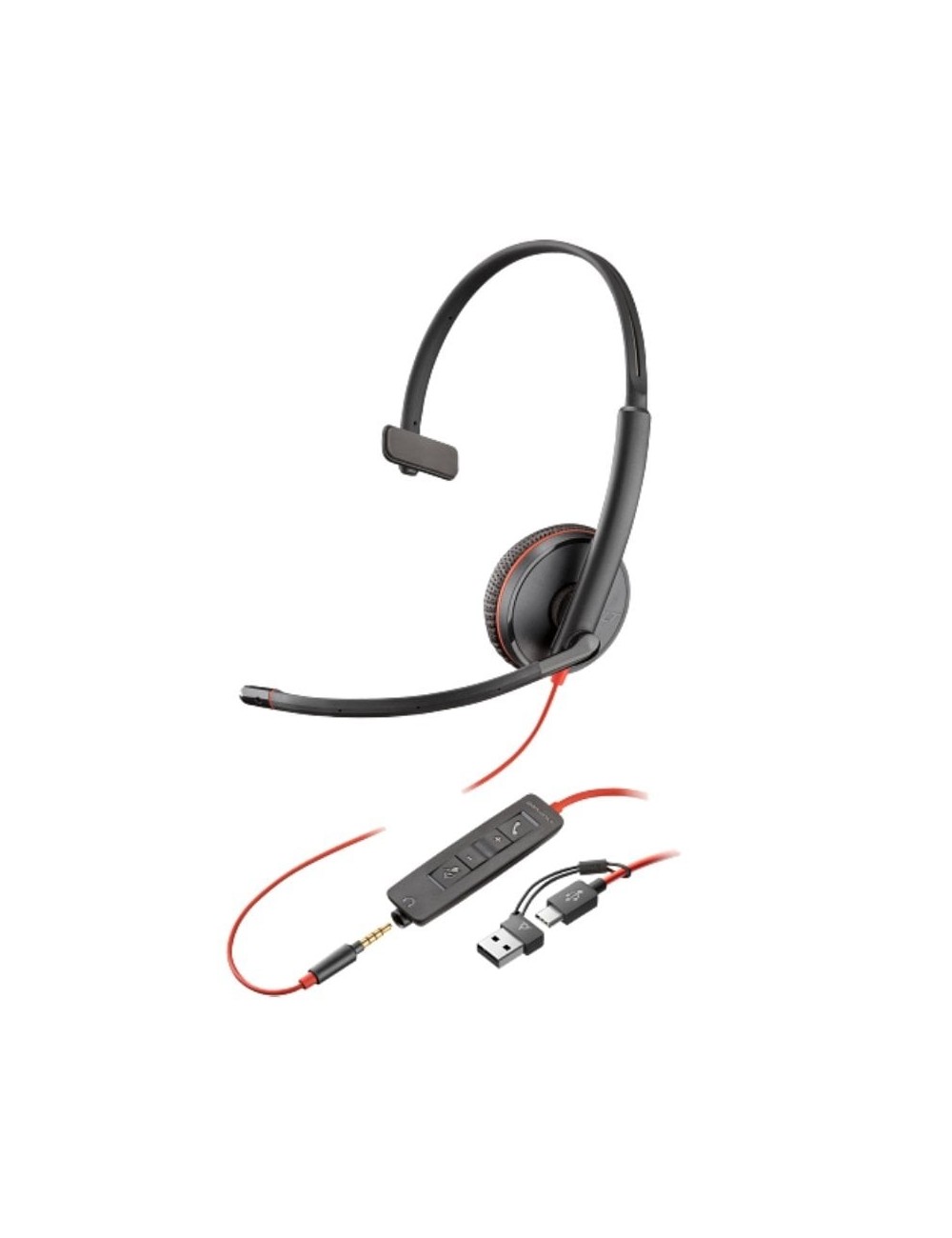 Auricular Poly Blackwire 3215 + Adaptador USB-C/A/ con Micrófono/ Jack 3.5mm/ Negro