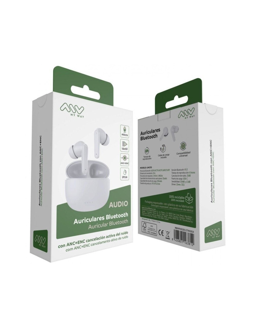 Auriculares Bluetooth Myway MWHPH0028 con estuche de carga/ Autonomía 6h/ Blancos