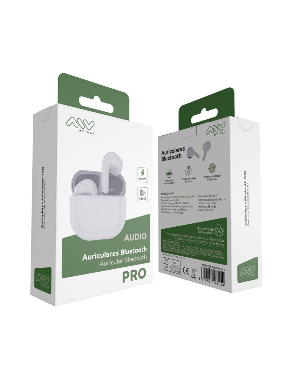 Auriculares Bluetooth Myway Wireless Touch MWHPH0030 con estuche de carga/ Autonomía 3h/ Blancos
