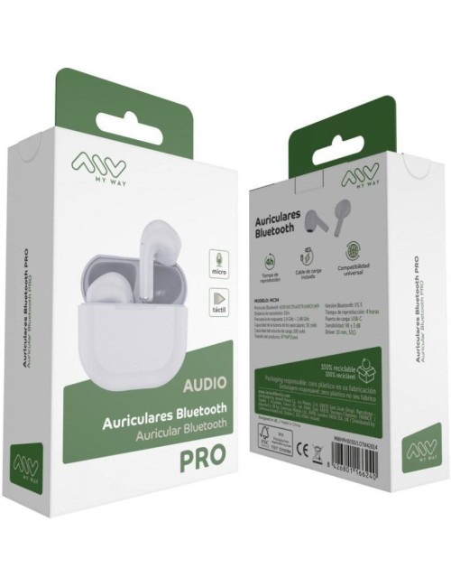 Auriculares Bluetooth Myway Wireless Touch MWHPH0030 con estuche de carga/ Autonomía 3h/ Blancos