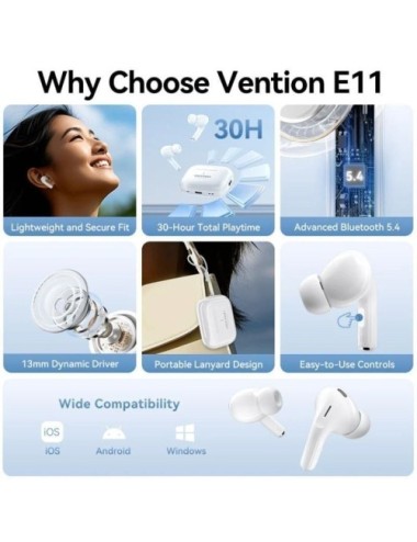Auriculares Bluetooth Vention Echo Lite E11 con estuche de carga/ Autonomía 6h/ Blancos