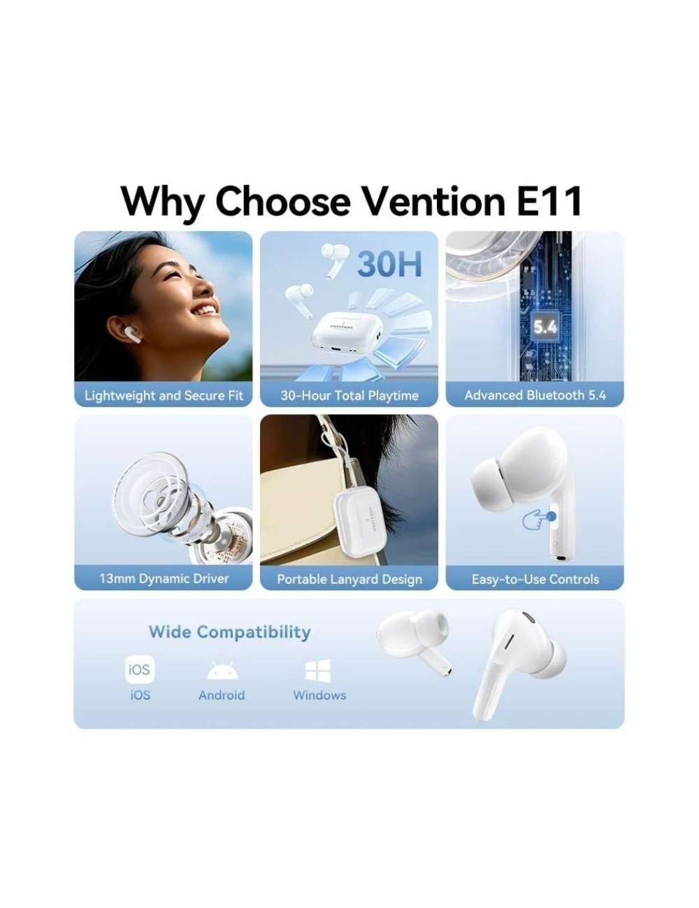 Auriculares Bluetooth Vention Echo Lite E11 con estuche de carga/ Autonomía 6h/ Blancos