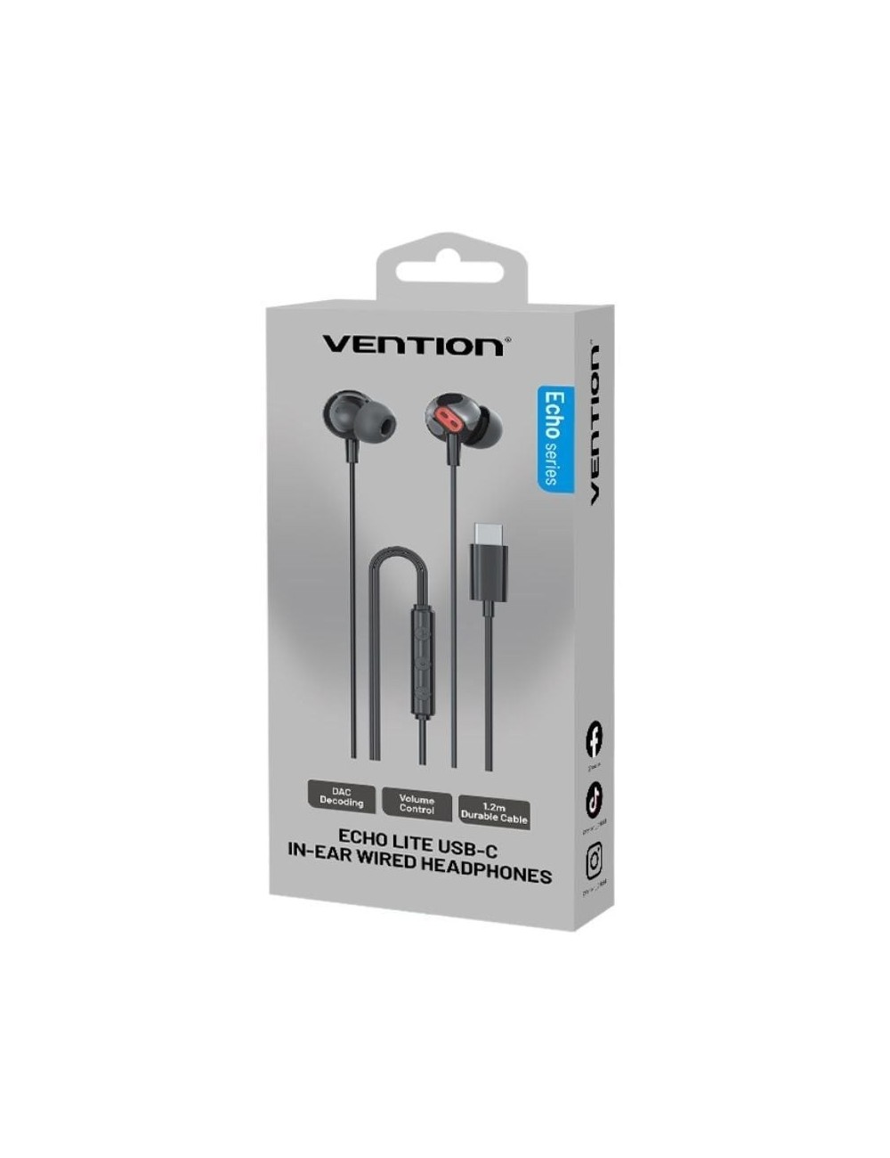 Auriculares Intrauditivos Vention Echo Lite USB-C In-Ear/ con Micrófono/ USB Tipo-C/ Negros