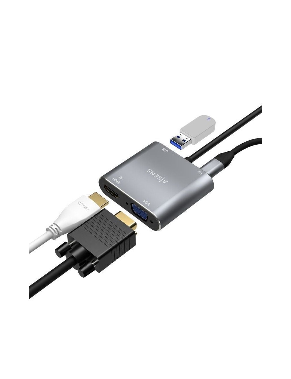 Conversor Aisens A109-0626/ HDMI Hembra - VGA Hembra - USB Tipo-C Macho - USB Hembra - USB Tipo-C Hembra/ 15cm/ Gris