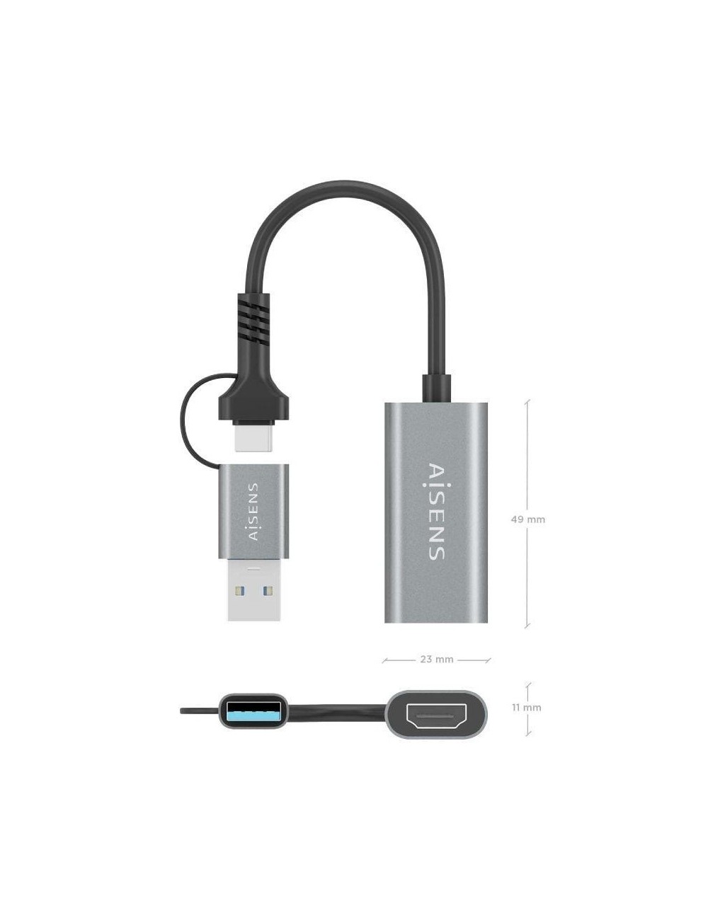 Conversor HDMI Aisens A109-0913/ USB + USB Tipo-C 3.1 Macho - HDMI Macho/ 15cm/ Gris