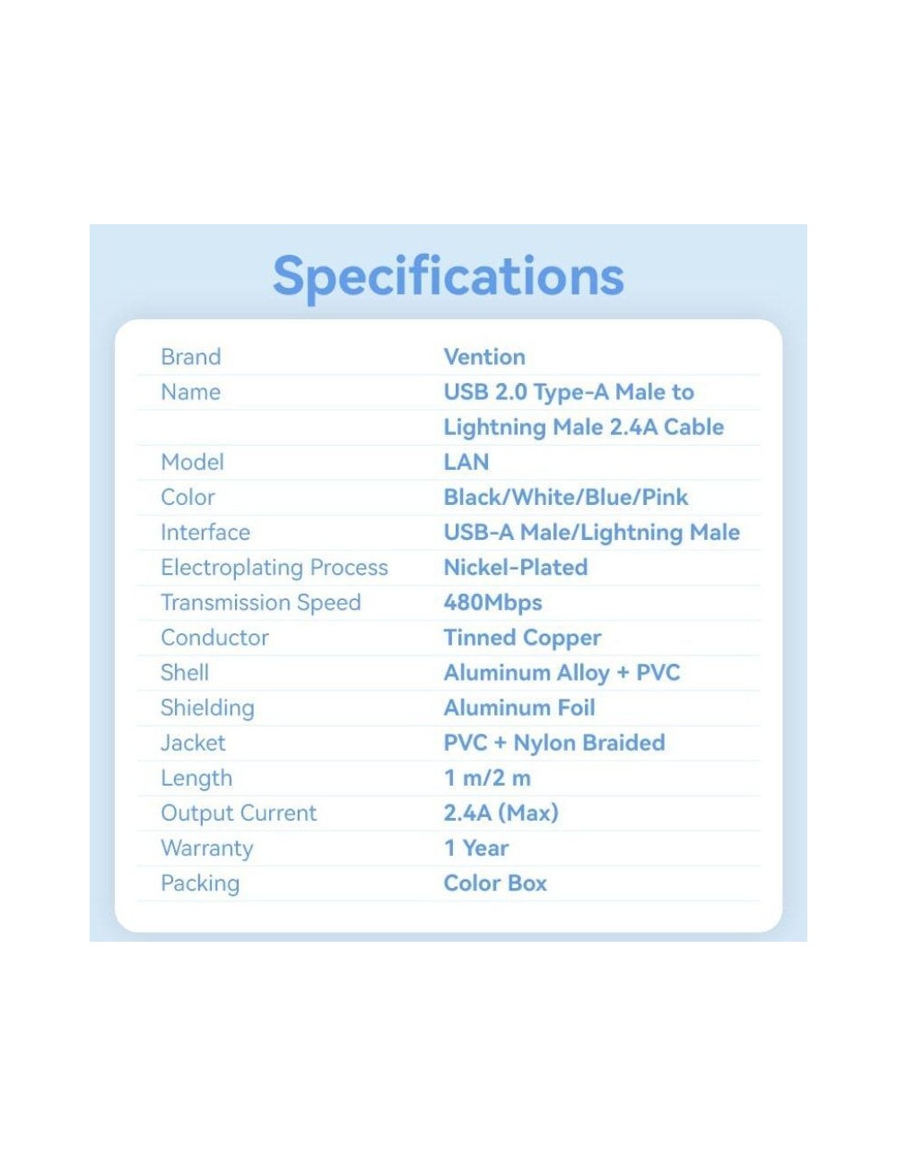 Cable USB Lightning Vention LANWF/ USB Macho - Lightning Macho/ 480Mbps/ 1m/ Blanco