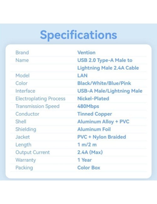 Cable USB Lightning Vention LANWF/ USB Macho - Lightning Macho/ 480Mbps/ 1m/ Blanco