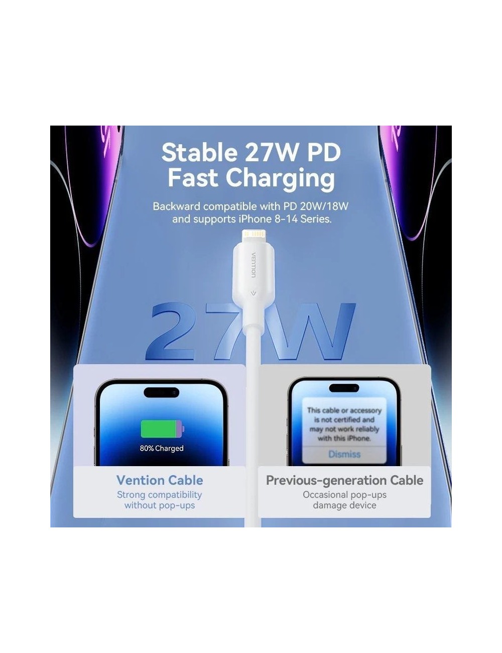 Cable USB 2.0 Tipo-C Lightning Vention LAKPH/ USB Tipo-C Macho - Lightning Macho/ Hasta 27W/ 480Mbps/ 2m/ Rosa