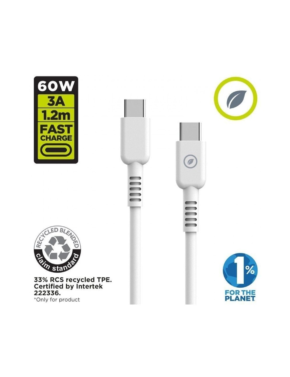 Cable USB 2.0 Tipo-C Muvit For Change MCUSC0008/ USB Tipo-C Macho - USB Tipo-C/ Hasta 60W/ 480Mbps/ 1.2m/ Blanco
