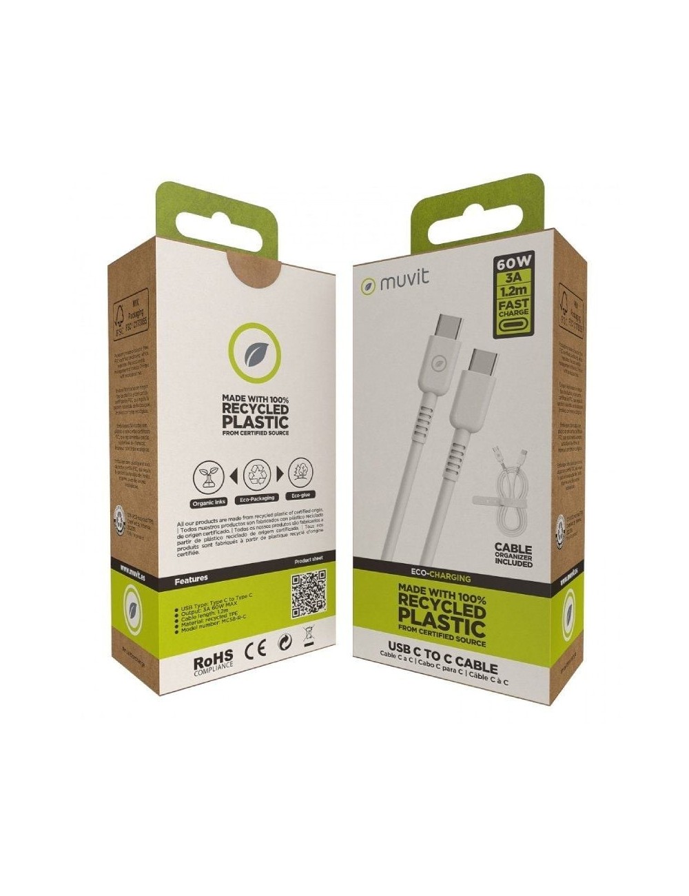 Cable USB 2.0 Tipo-C Muvit For Change MCUSC0008/ USB Tipo-C Macho - USB Tipo-C/ Hasta 60W/ 480Mbps/ 1.2m/ Blanco