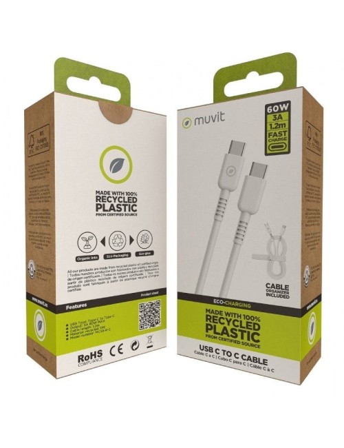 Cable USB 2.0 Tipo-C Muvit For Change MCUSC0008/ USB Tipo-C Macho - USB Tipo-C/ Hasta 60W/ 480Mbps/ 1.2m/ Blanco