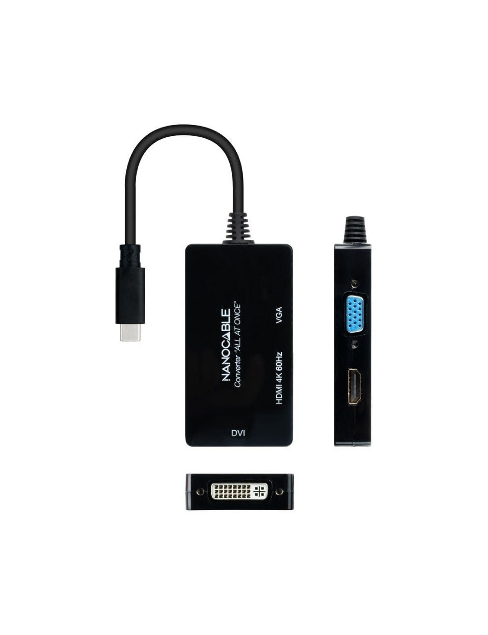 Conversor Nanocable 10.16.4301-ALL/ USB Tipo-C Macho - HDMI Hembra - DVI-I Hembra - VGA Hembra/ 20cm/ Negro