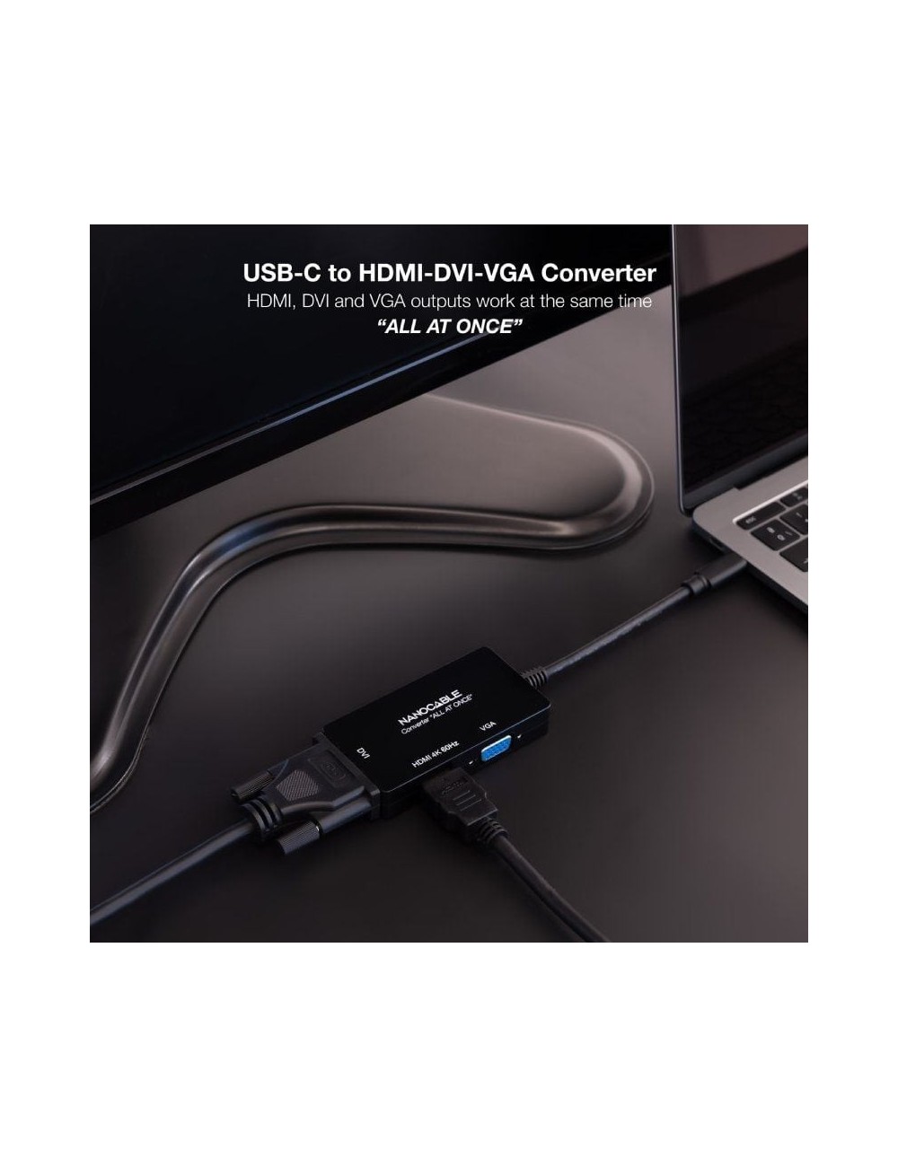 Conversor Nanocable 10.16.4301-ALL/ USB Tipo-C Macho - HDMI Hembra - DVI-I Hembra - VGA Hembra/ 20cm/ Negro