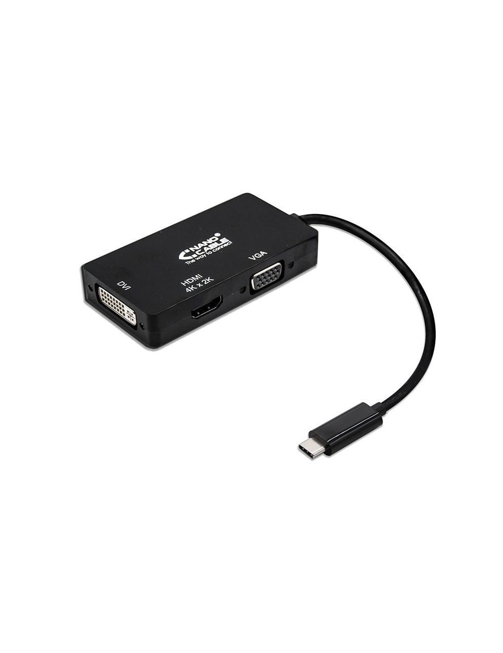 Conversor Nanocable 10.16.4301-BK/ USB Tipo-C Macho - VGA Hembra/ DVI Hembra/ HDMI Hembra/ 10cm/ Negro