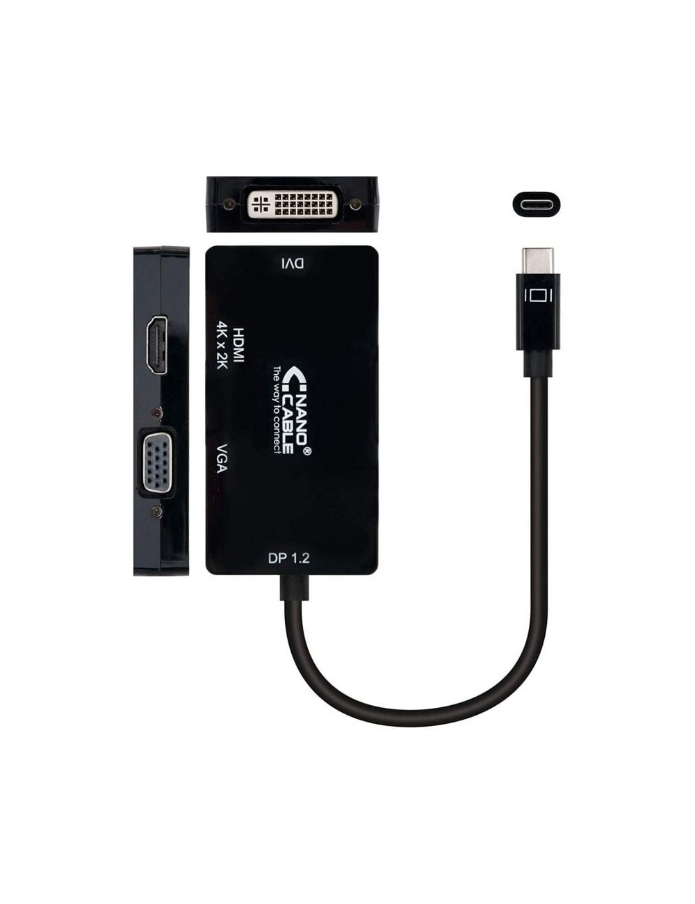 Conversor Nanocable 10.16.4301-BK/ USB Tipo-C Macho - VGA Hembra/ DVI Hembra/ HDMI Hembra/ 10cm/ Negro