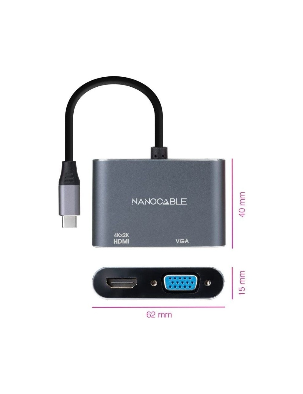 Conversor Nanocable 10.16.4303/ USB Tipo-C Macho/ HDMI Hembra - VGA Hembra/ 15cm/ Gris