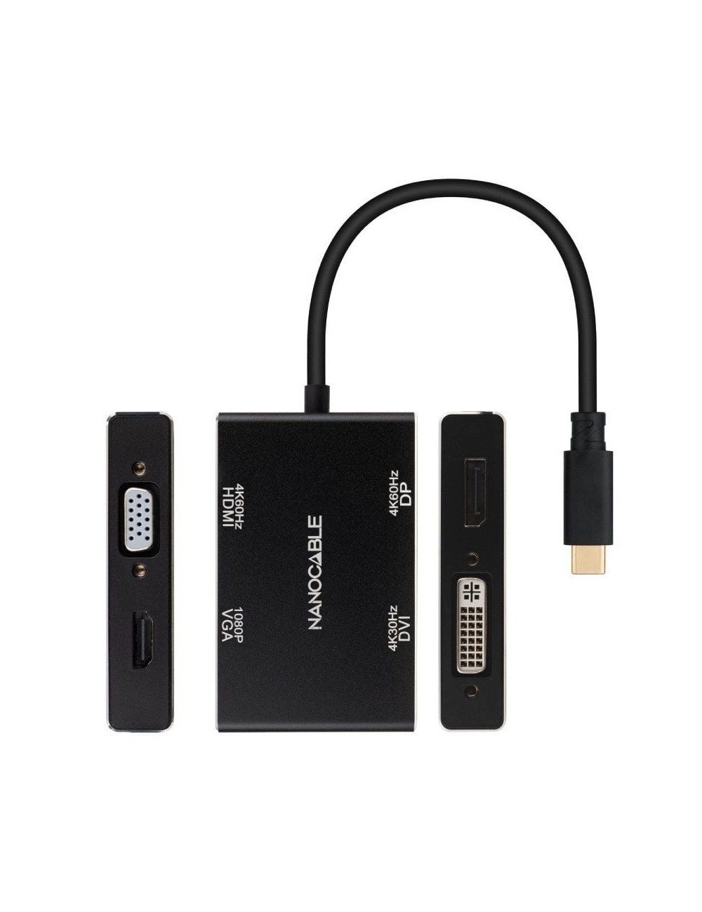 Conversor Nanocable 10.16.4307/ USB Tipo-C Macho - VGA Hembra/ DVI Hembra/ HDMI Hembra/ DisplayPort Hembra/ 10cm/ Negro