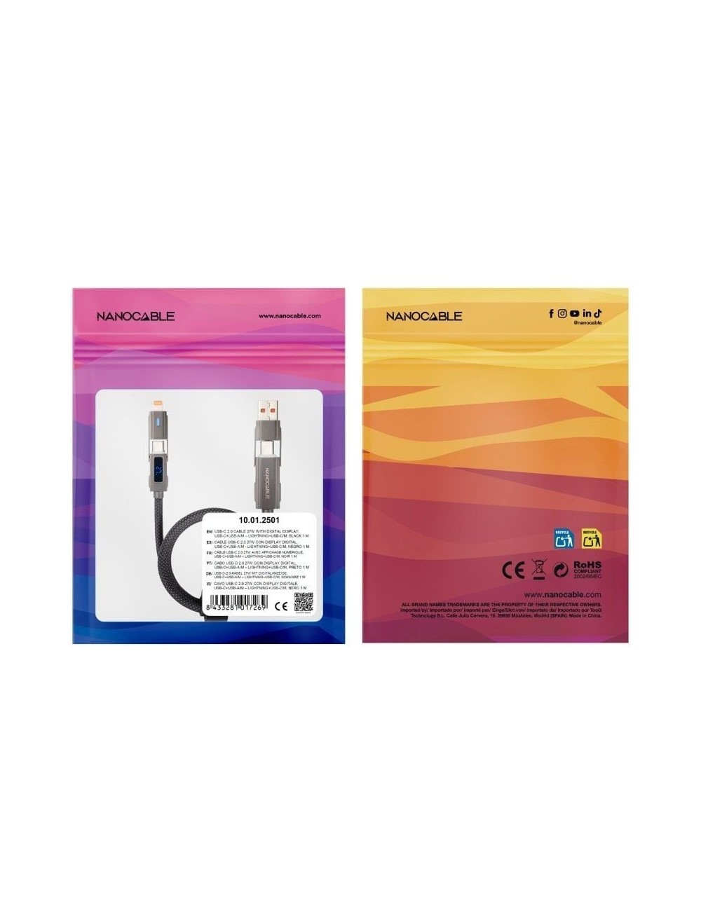 Cable USB 2.0 Tipo-C Nanocable 10.01.2501/ USB Tipo-C Macho + USB Macho - USB Tipo-C Macho + Lightning Macho/ Hasta 27W/ 480Mbps