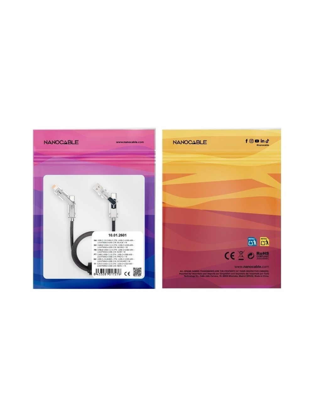 Cable USB 2.0 Tipo-C Nanocable 10.01.2601/ USB Tipo-C Macho + USB Macho - USB Tipo-C Macho + Lightning Macho/ Hasta 27W/ 480Mbps