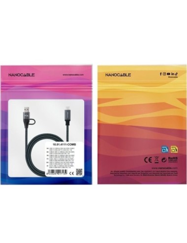Cable USB 3.2 Tipo-C Nanocable 10.01.4111-COMB/ USB Tipo-C Macho + USB Macho - USB Tipo-C Macho/ Hasta 100W/ 20Gbps/ 1m/ Gris y 