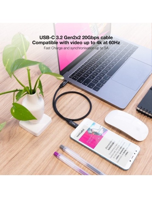 Cable USB 3.2 Nanocable 10.01.4300/ USB Tipo-C Macho - USB Tipo-C Macho/ Hasta 100W/ 20Gbps/ 50cm/ Gris y Negro