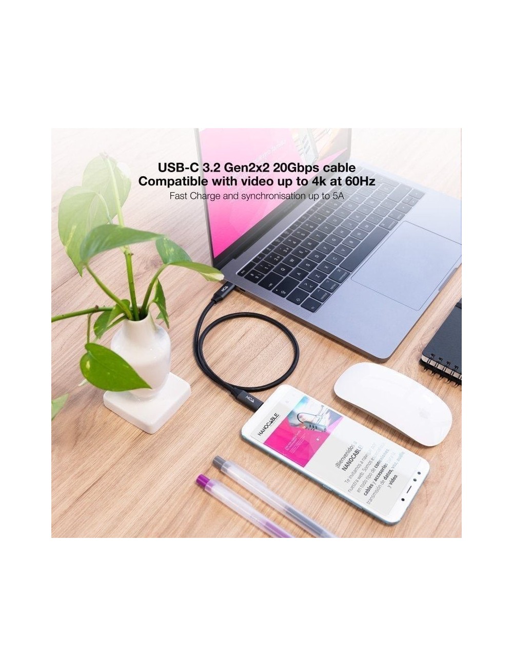 Cable USB 3.2 Tipo-C Nanocable 10.01.4301 5A 100W/ USB Tipo-C Macho - USB Tipo-C Macho/ Hasta 100W/ 20Gbps/ 1m/ Gris y Negro