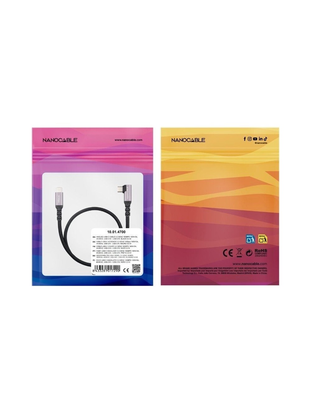 Cable USB 3.2 Tipo-C Acodado Nanocable 10.01.4700/ USB Tipo-C Macho - USB Tipo-C Macho/ Hasta 100W/ 10Gbps/ 50cm/ Negro