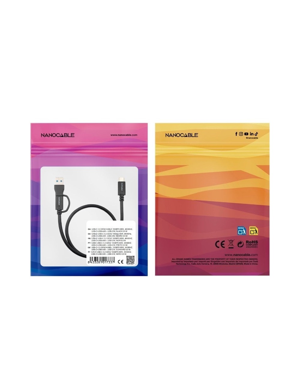 Cable USB 3.2 Tipo-C Nanocable 10.01.4801/ USB Tipo-C Macho/ USB Macho - USB Tipo-C Macho/ Hasta 60W/ 10Gbps/ 1m/ Negro