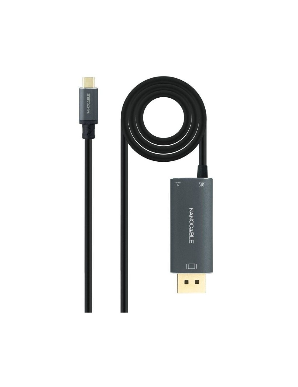 Cable Conversor Nanocable 10.15.5012/ USB Tipo-C Macho - DisplayPort 8K Macho/ USB Tipo-C Hembra/ Hasta 100W/ 1.8m/ Gris