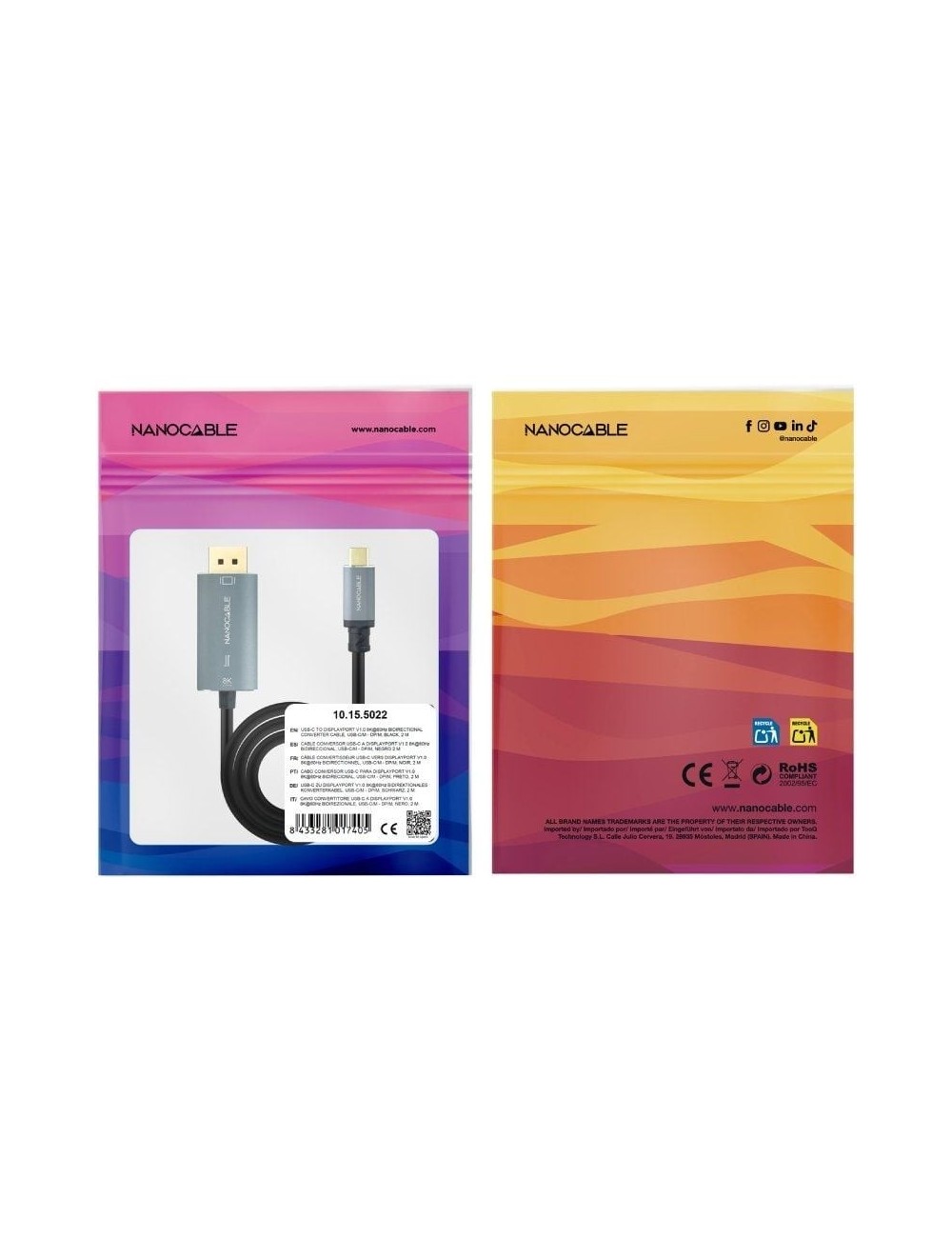 Cable Conversor Nanocable 10.15.5022/ USB Tipo-C Macho - Displayport Macho/ 2m/ Negro