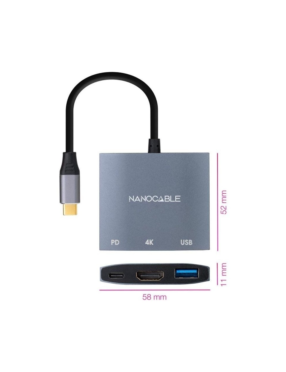 Conversor Nanocable 10.16.4306 USB Tipo-C/ HDMI 4K Hembra - USB Hembra - USB Tipo-C PD/ 15cm/ Gris