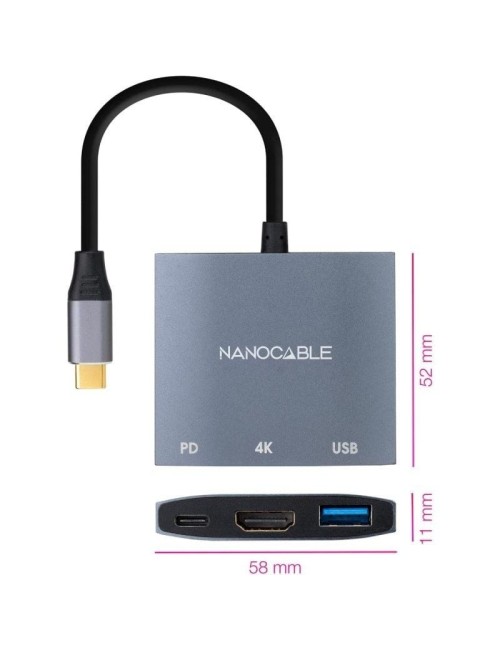 Conversor Nanocable 10.16.4306 USB Tipo-C/ HDMI 4K Hembra - USB Hembra - USB Tipo-C PD/ 15cm/ Gris
