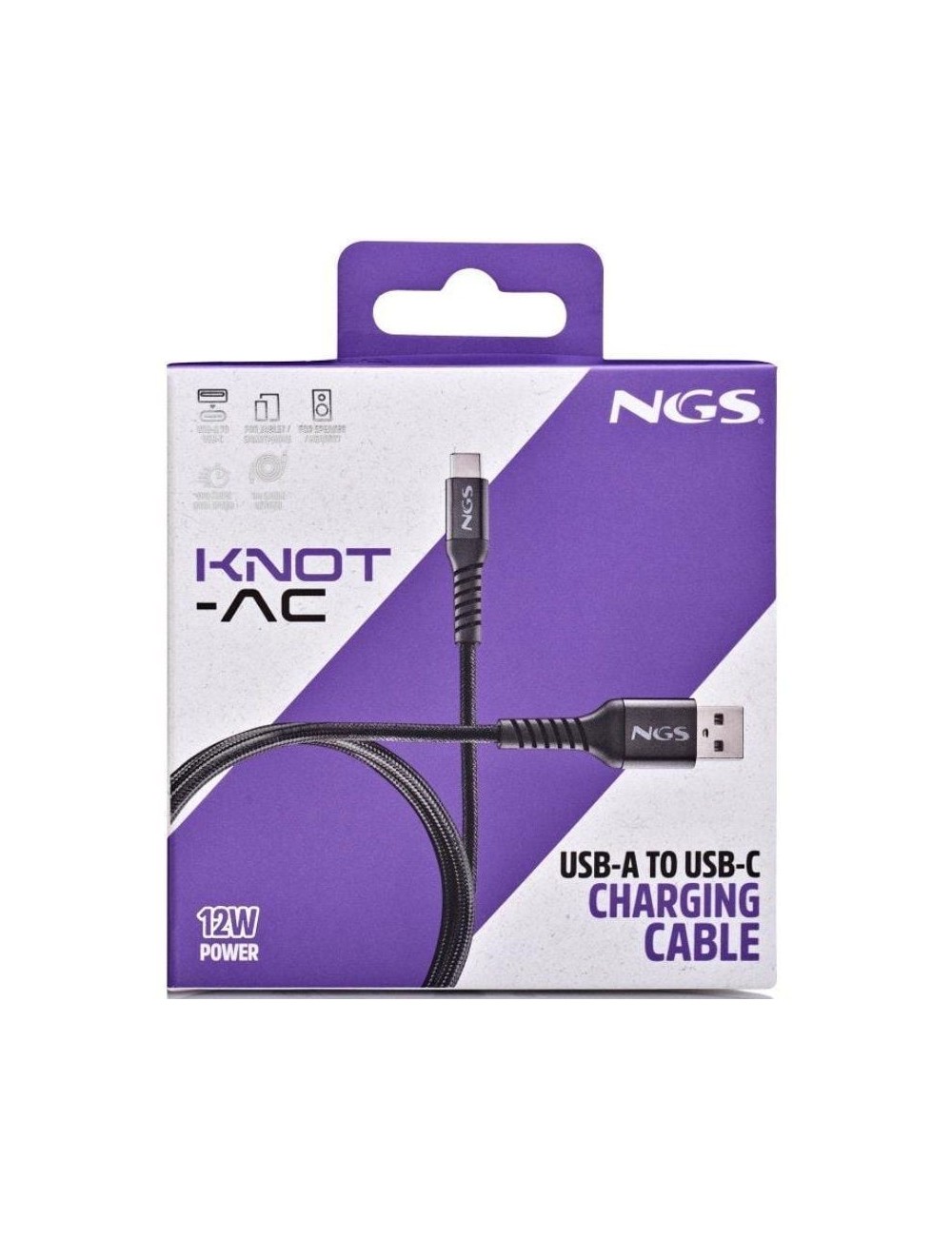 Cable USB 2.0 NGS KNOT-AC/ USB Macho - USB Tipo-C Macho/ 480Mbps/ 1m/ Negro