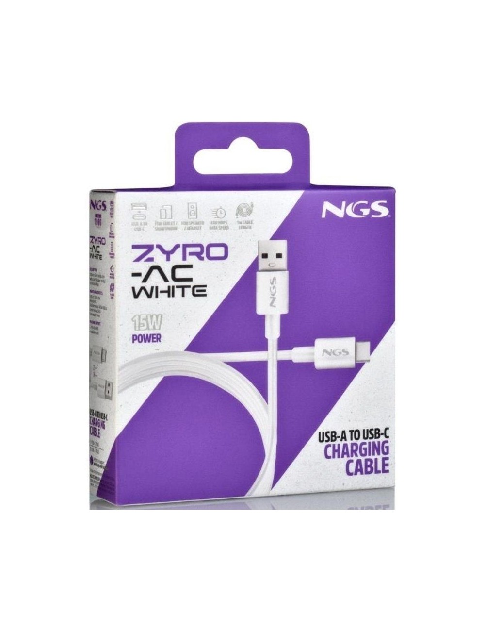 Cable USB 2.0 NGS ZYRO-AC/ USB Macho - USB Tipo-C Macho/ Hasta 15W/ 480Mbps/ 1m/ Blanco