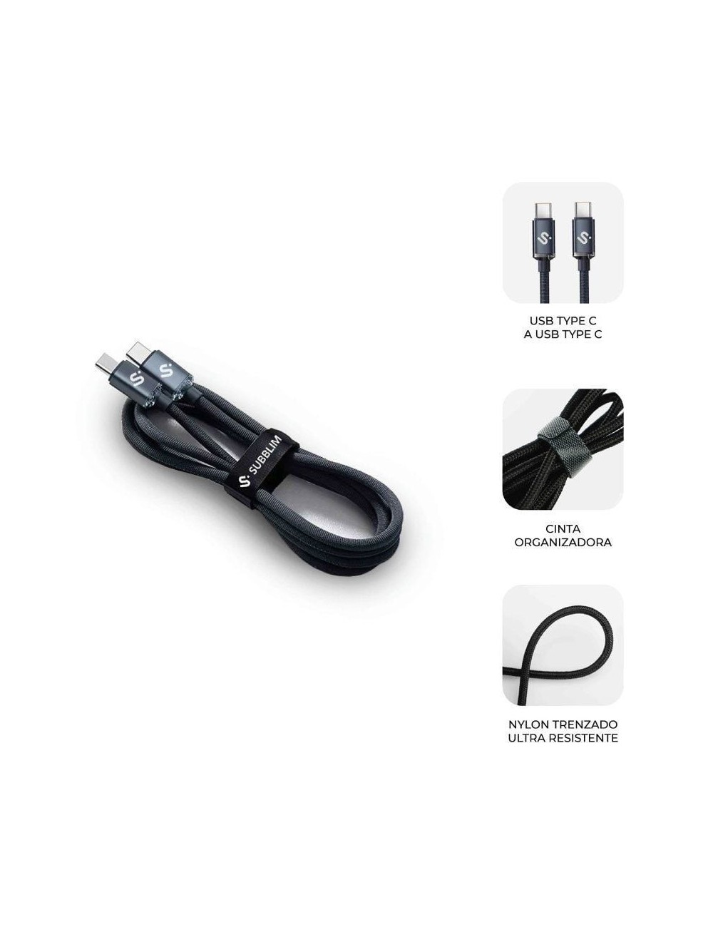 Cable USB 2.0 Tipo-C Subblim Optimus/ USB Tipo-C Macho - USB Tipo-C Macho/ Hasta 60W/ 480Mbps/ 1m/ Negro