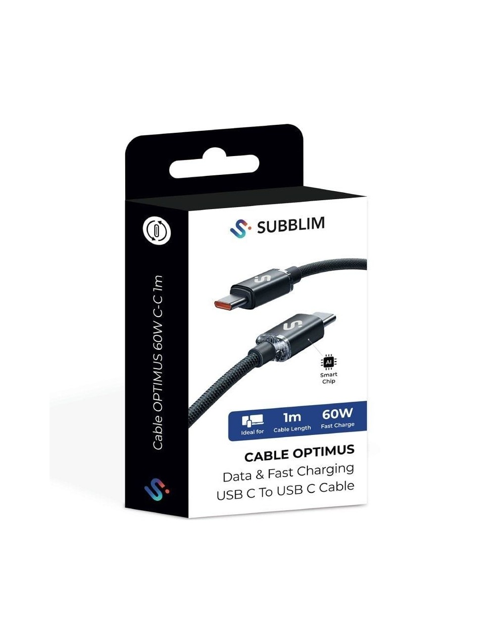 Cable USB 2.0 Tipo-C Subblim Optimus/ USB Tipo-C Macho - USB Tipo-C Macho/ Hasta 60W/ 480Mbps/ 1m/ Negro
