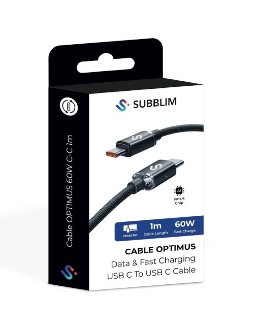 Cable USB 2.0 Tipo-C Subblim Optimus/ USB Tipo-C Macho - USB Tipo-C Macho/ Hasta 60W/ 480Mbps/ 1m/ Negro