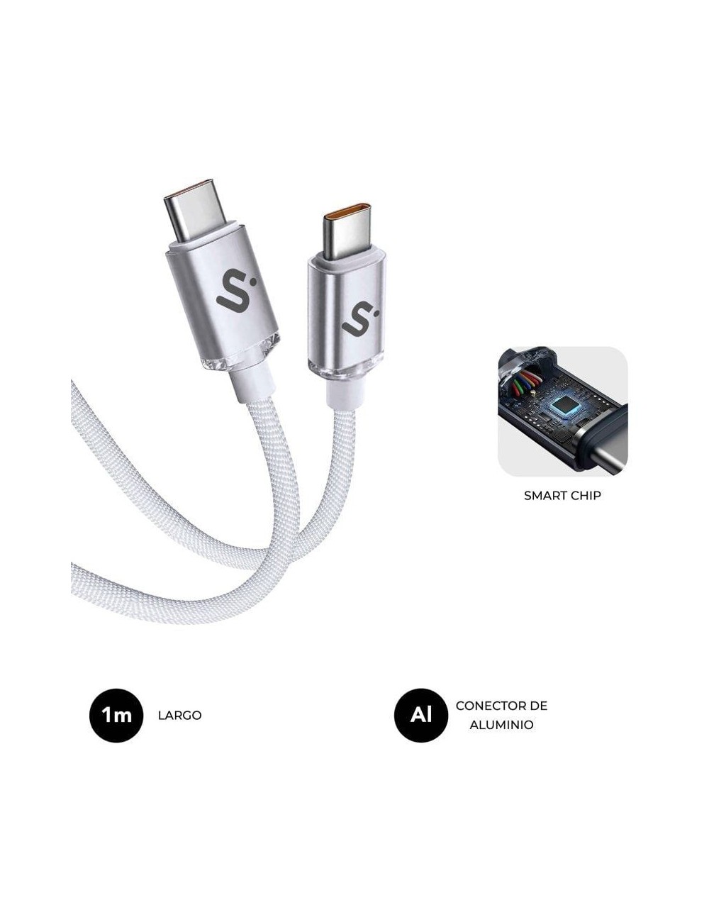Cable USB 2.0 Tipo-C Subblim Optimus/ USB Tipo-C Macho - USB Tipo-C Macho/ Hasta 60W/ 480Mbps/ 1m/ Blanco