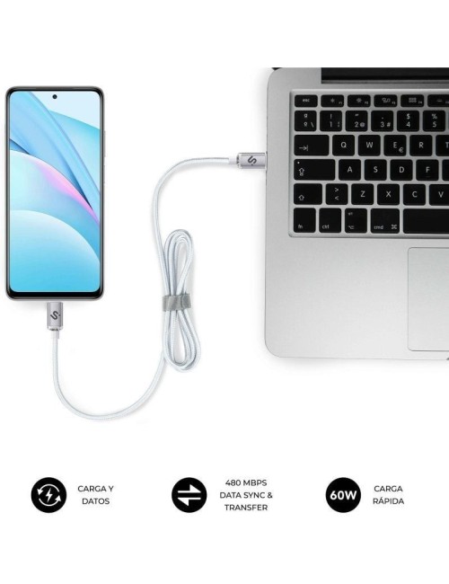 Cable USB 2.0 Tipo-C Subblim Optimus/ USB Tipo-C Macho - USB Tipo-C Macho/ Hasta 60W/ 480Mbps/ 1m/ Blanco